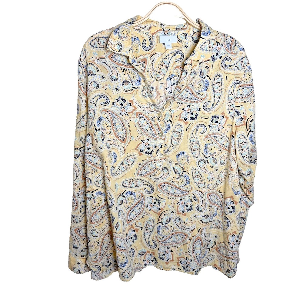 J Jill Yellow Paisley Print Long Sleeve Collared Popover Shirt Blouse Top Blouse